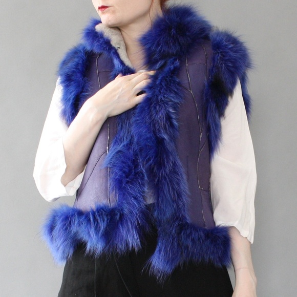 Vtg blue leather shearling patchwork fur vest - Picture 2 of 8